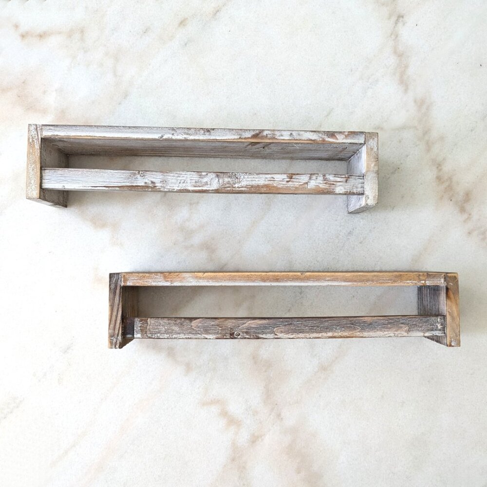 Pair of rustic white wash wooden wall shelves
